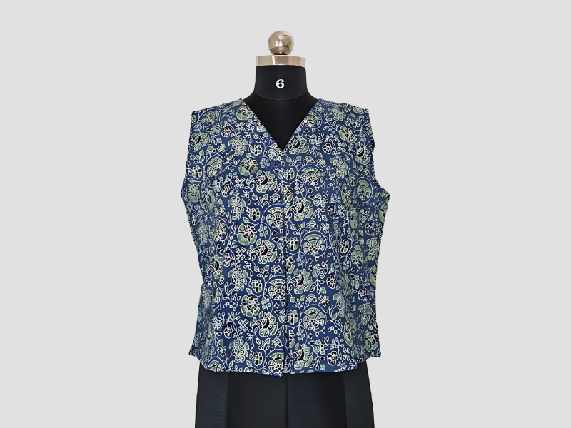 Indigo Vanaspati Cotton Crop Top With Light Green Florals - MuRa@23