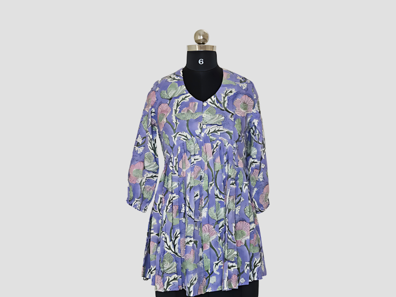 Lavendar Cotton Peplum Top With Light Pink And Green Florals - MuRa@23