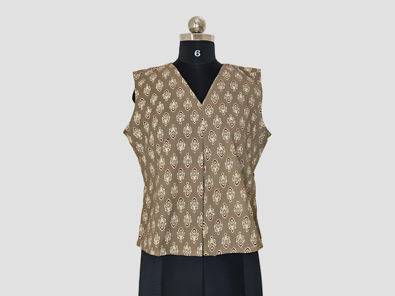 Light Brown Natural Dyed Cotton Crop Top With Maroon And Black Tinted Florals - MuRa@23