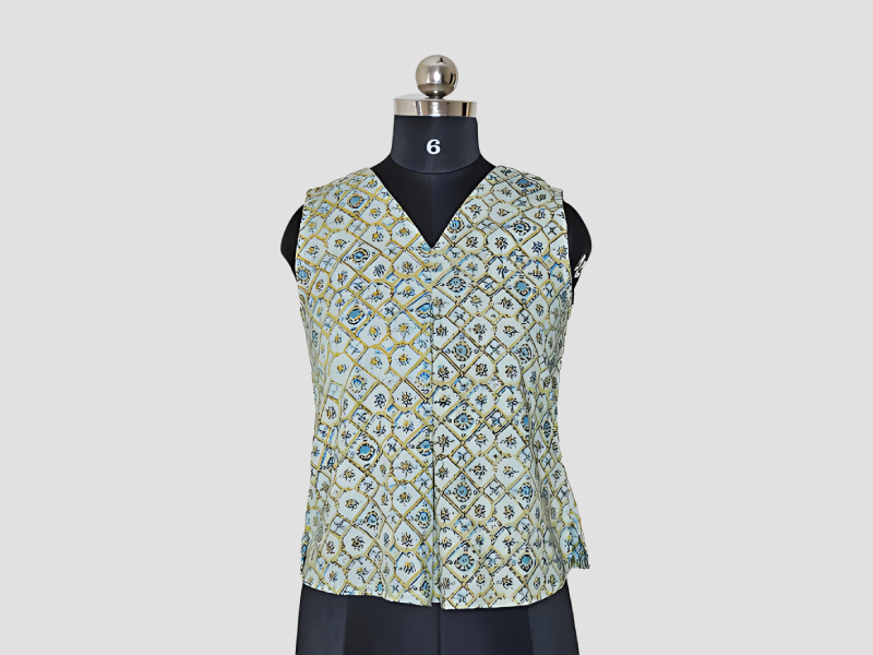 Light Green Vanaspati Cotton Crop Top With Gold And Teal Geometrical Pattern - MuRa@23