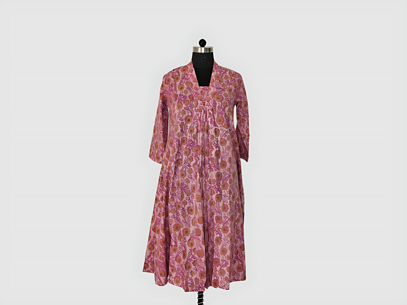 Light Pink Vanaspati Cotton Full Flared Kurta with Dark Pink and Orange Florals