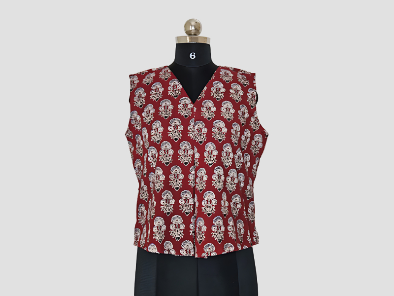 Maroon Natural Dyed Cotton Crop Top With Offwhite And Black Tinted Florals - MuRa@23