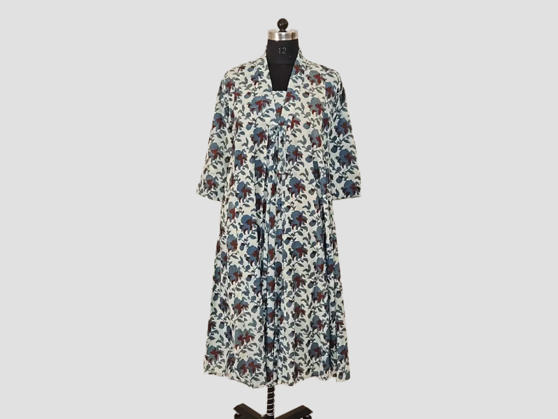 Off-White Vanaspati Cotton Full Flared Kurta with Teal Blue and Maroon Florals