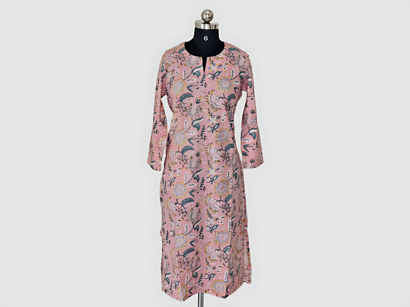 Pink Cotton Kurta with Green Grey and Yellow Floral Print
