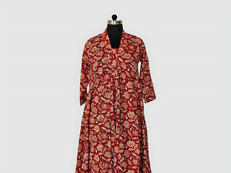 Red Cotton Full Flared Kurta With White Pink And Yellow Floral Print