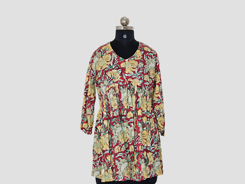 Red Cotton Peplum Top With Yellow And Green Florals - MuRa@23