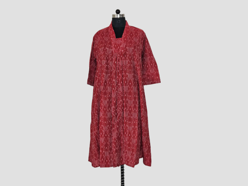 Red Ikat Cotton Full Flared Kurta For Ethnic Wear