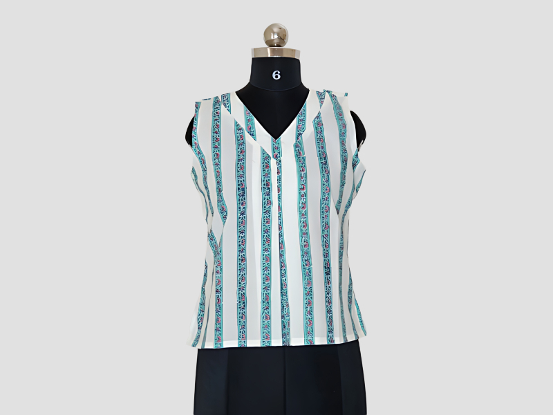 White Cotton Crop Top With Vertical Green Bands Filled With Purple Floral Motifs - MuRa@23