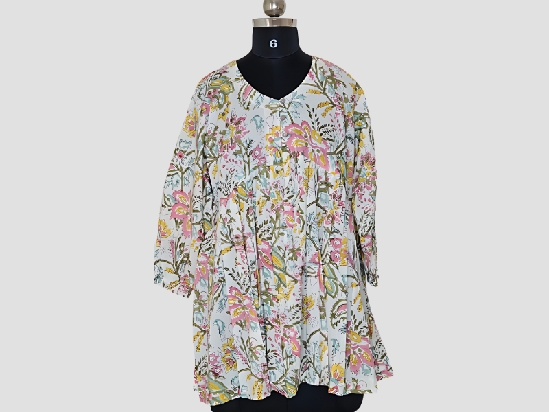White Cotton Peplum Top With Baby Pink And Light Green Florals And Leaves Pattern - MuRa@23