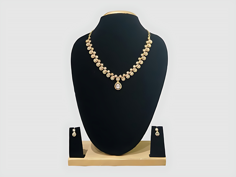 CZ Diamond Floral Link Gold Plated Necklace Set For Bridal And Party Wear