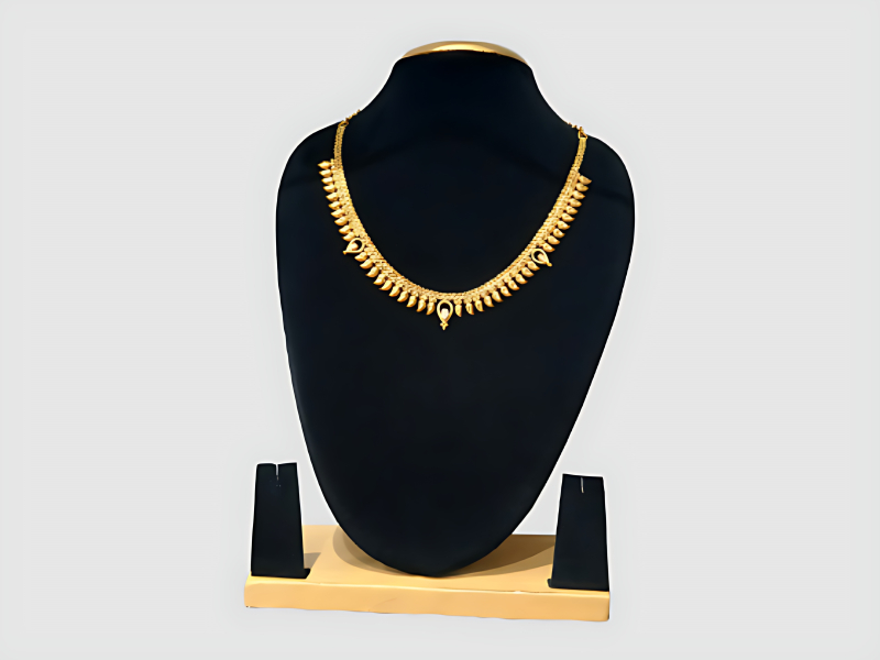 Long Leaf Motif Gold Plated Haram Set With Earrings For Bridal Wear