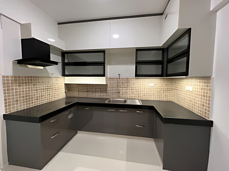 Contemporary L-shaped modular kitchen with overhead glass cabinets