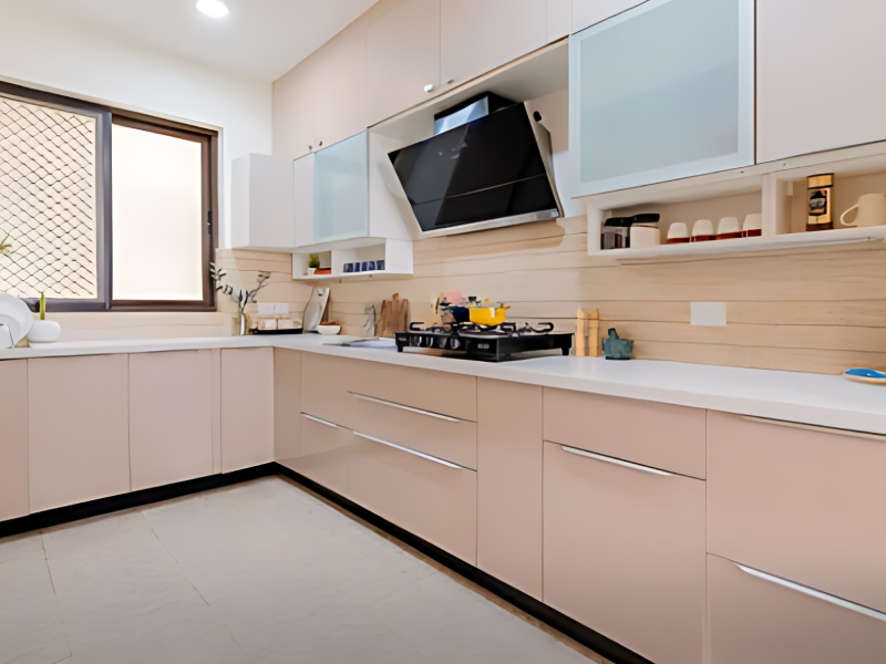 Modern L-shaped modular kitchen with soft-close cabinets
