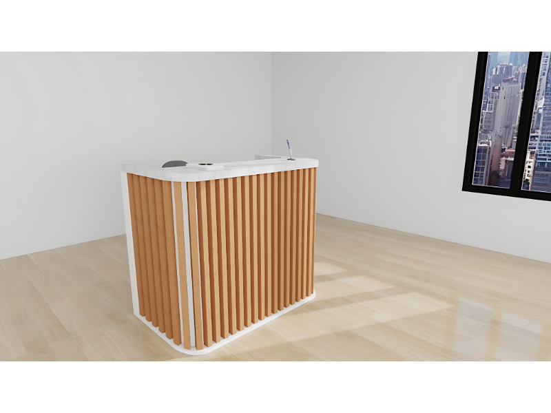 Reception Desk Wooden Slat Panel Design White Top Modern Office Counter