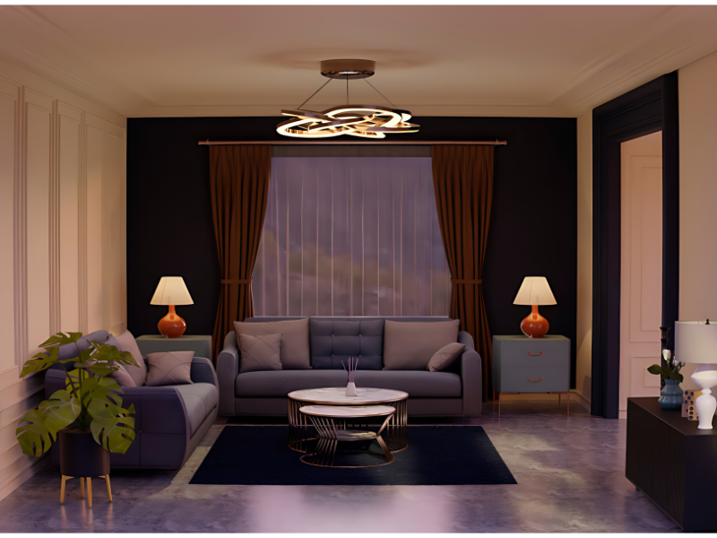 Ambient Lighting Living Room Interior Setup With Sofa And Center Table For Modern Home Use