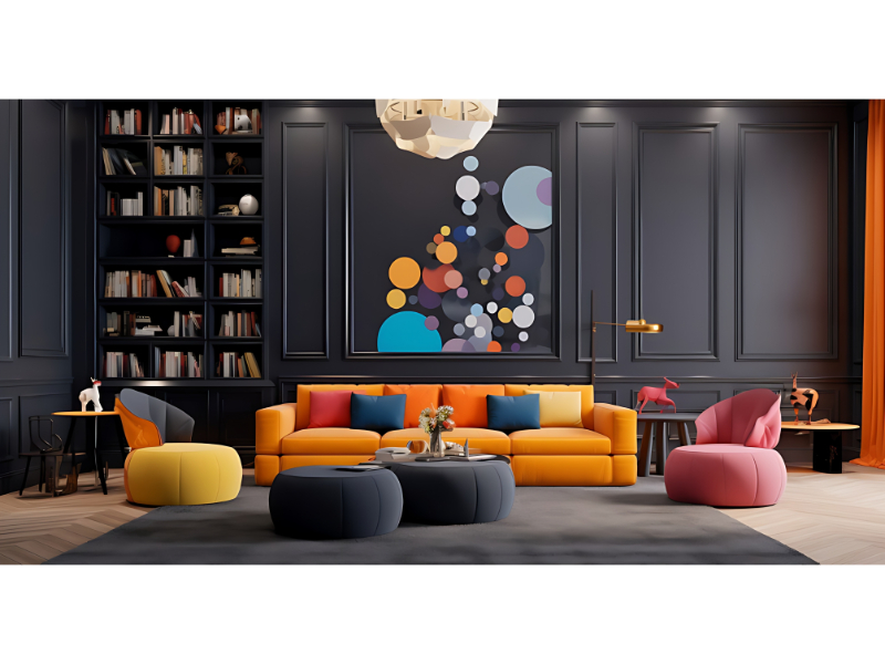 Contemporary Living Room Interior System With Color Accent Furniture For Stylish Residential Use