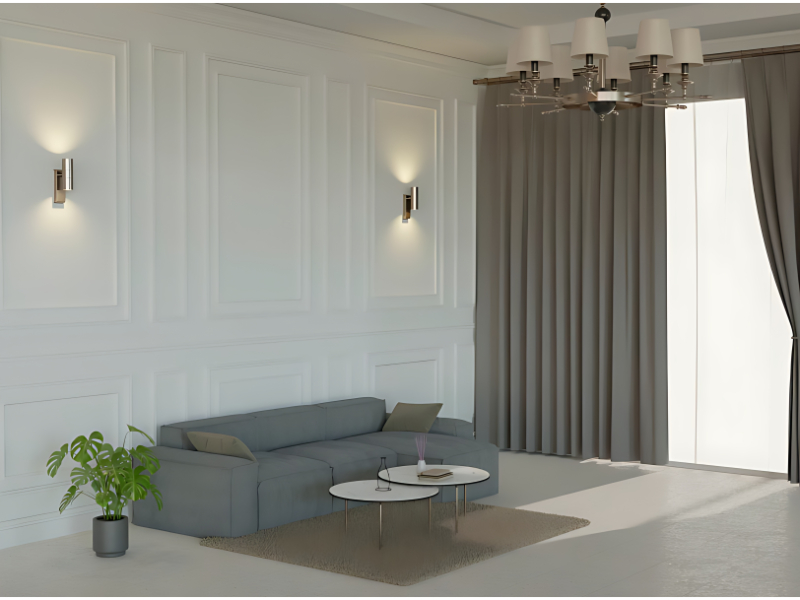 Decorative Wall Paneling System With Fabric Sofa Setup For Living Room Interior Use