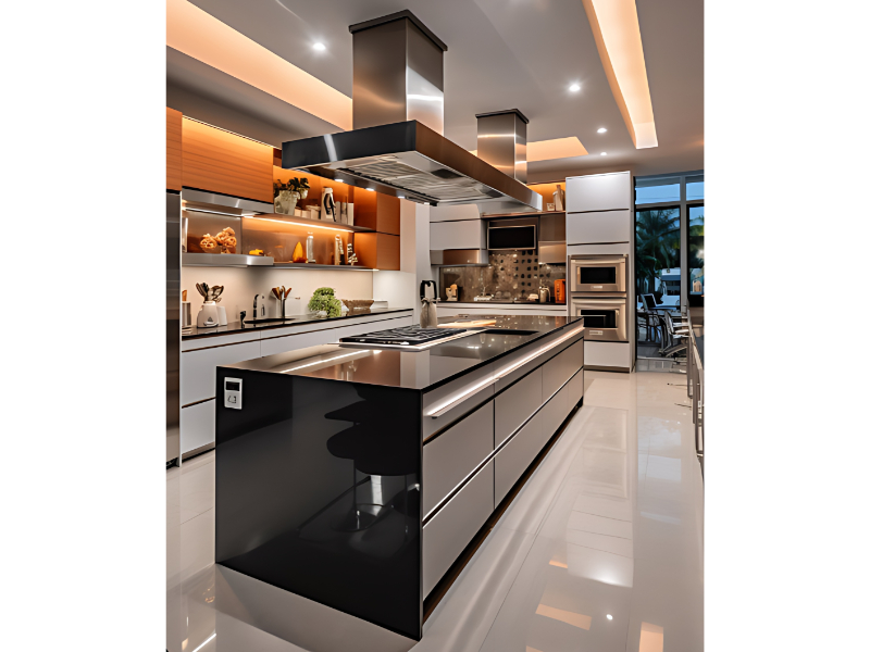 High Gloss Modular Kitchen Island System With Chimney Setup For Modern Home Kitchen Use