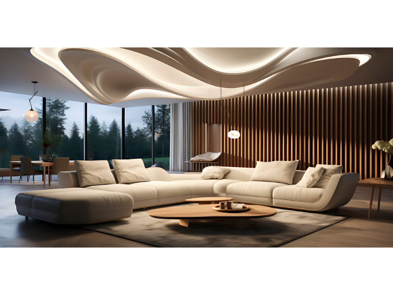 Luxury Curved Ceiling Living Room Interior With Wooden Panel Background For Premium Home Use