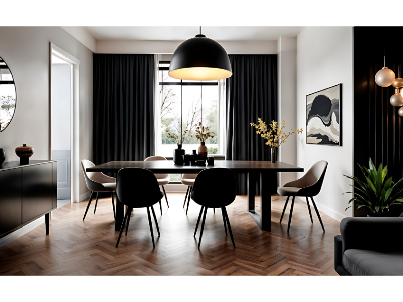 Minimalist Dining Room Interior Setup With Wooden Flooring And Pendant Lighting For Residential Dining Use