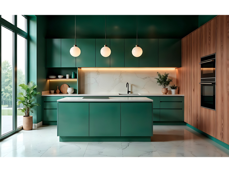 Open Kitchen Dining Interior System With Island Table And Seating For Residential Dining Use