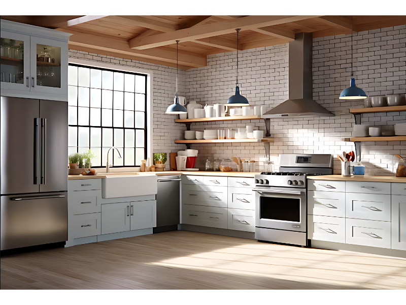 Rustic Style Modular Kitchen Cabinet System With Open Shelf Storage For Residential Kitchen Use