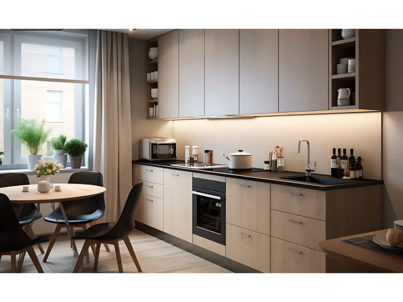 Wooden Finish Modular Kitchen Cabinet System With Dining Integration For Residential Kitchen Use