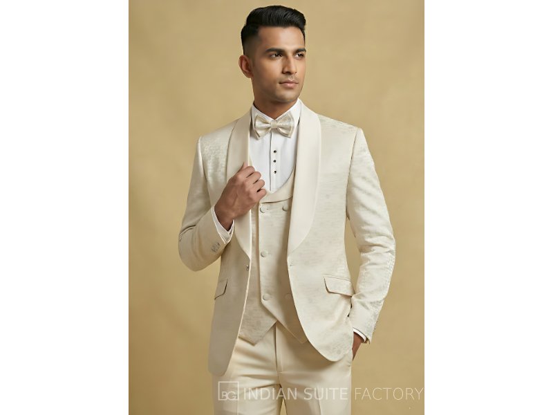 Beige jacquard 5pc wedding suit for men formal wear