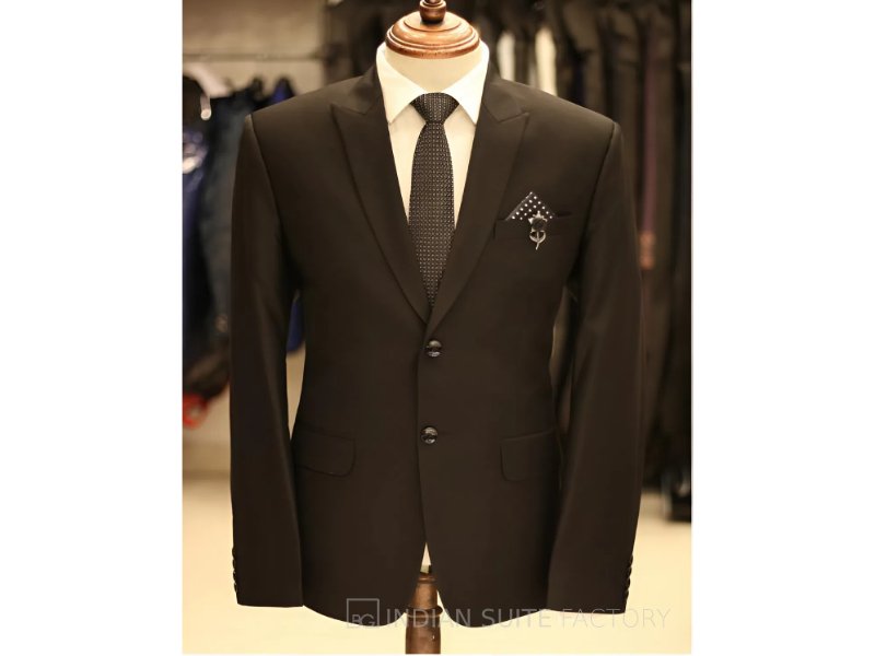 Black wool feel peak lapel 2 piece suit for men