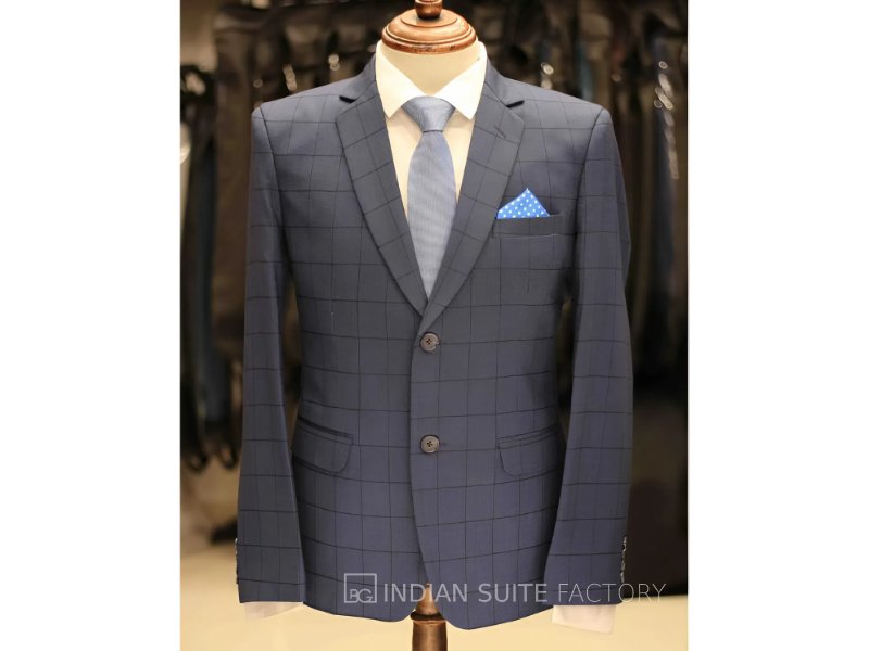 Blue checked single breasted 2 piece suit for men