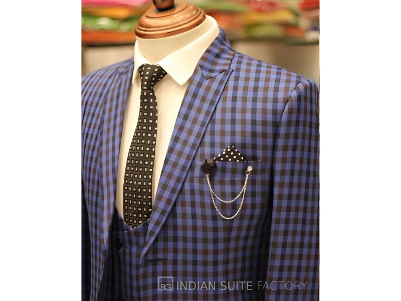 Blue checks 3-piece peak lapel suit for men formal wear