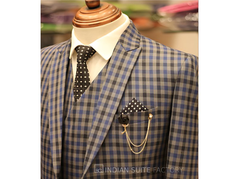 Blue grey checks 3-piece peak lapel suit for men