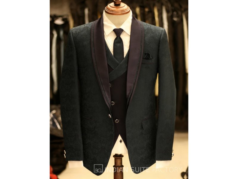 Blue jacquard 5pc wedding suit for men formal wear