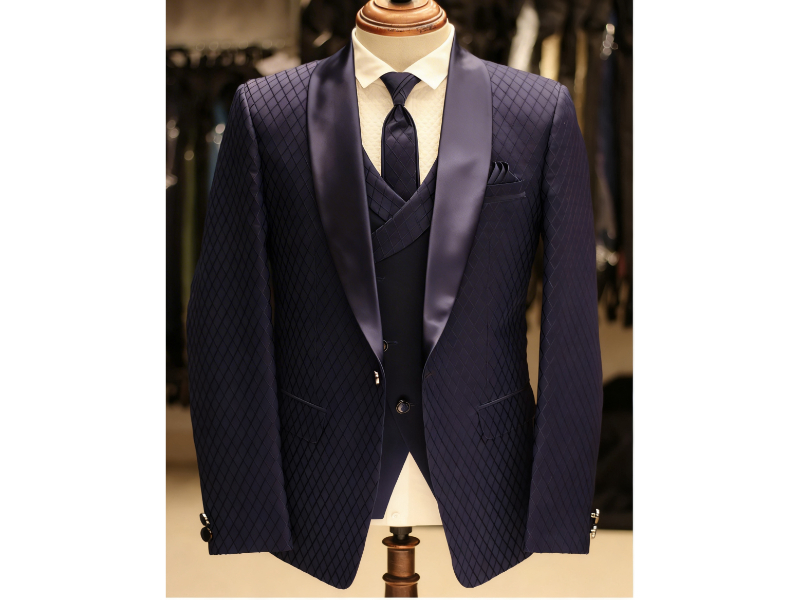 Dark Royal Blue Jacquard 5pc Wedding Suit