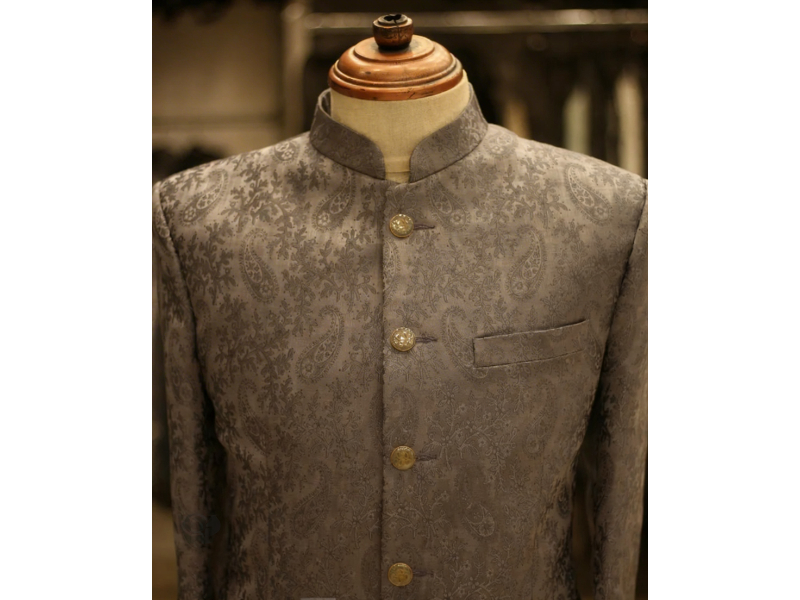 Grey jacquard Jodhpuri suit for men wedding wear