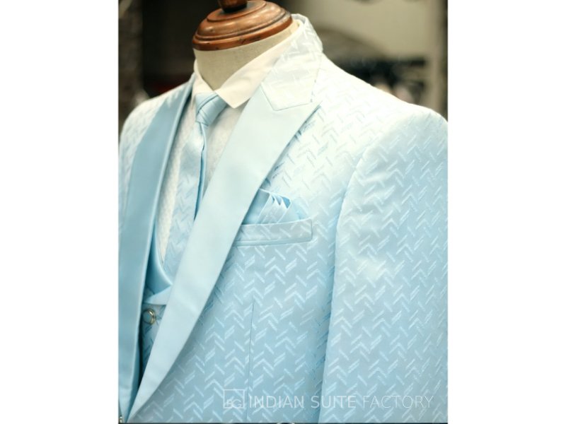 Light blue jacquard 5pc wedding suit for men formal wear