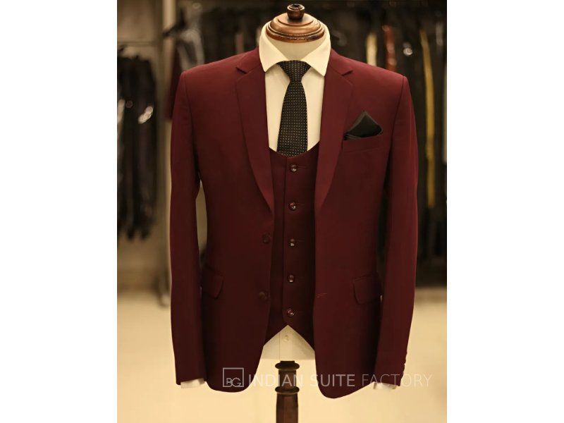 Maroon 3-piece notch lapel suit for men formal wear