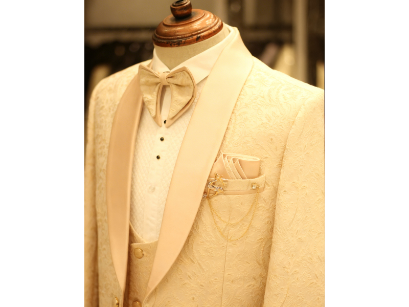 Peach jacquard 5pc wedding suit for men formal wear