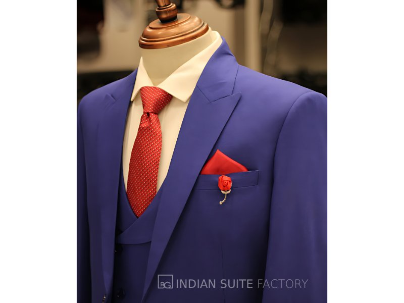 Royal blue checks 3-piece peak lapel suit for men