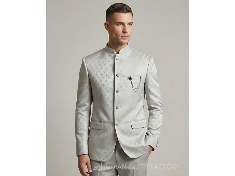 Silver jacquard Jodhpuri suit for men wedding wear