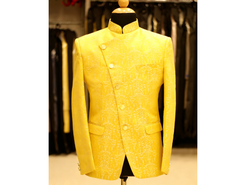 Yellow jacquard Jodhpuri suit for men wedding wear