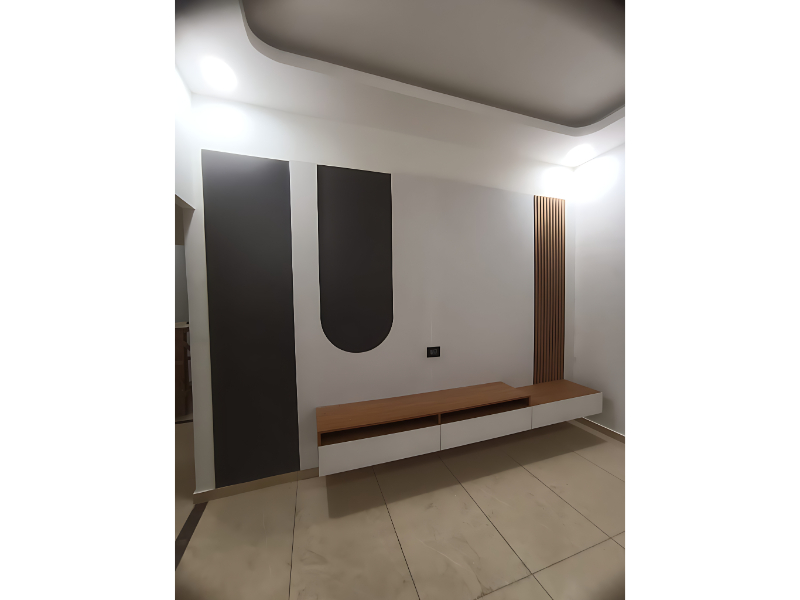 Contemporary TV Unit With Floating Cabinet And Decorative Wall Paneling