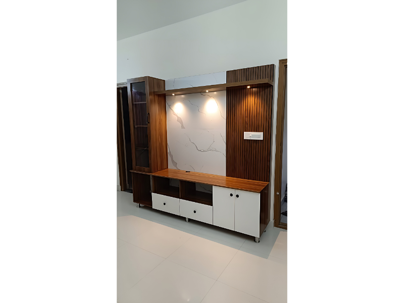 Designer TV Unit With Wooden Slat Panel And Marble Finish Backdrop