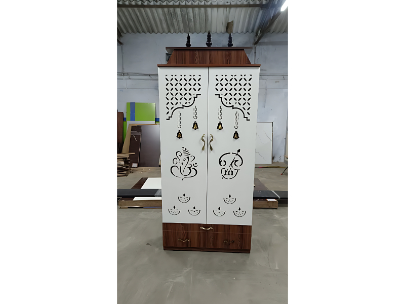 Modern Wooden Pooja Cabinet With Decorative CNC Pattern And Storage Drawers