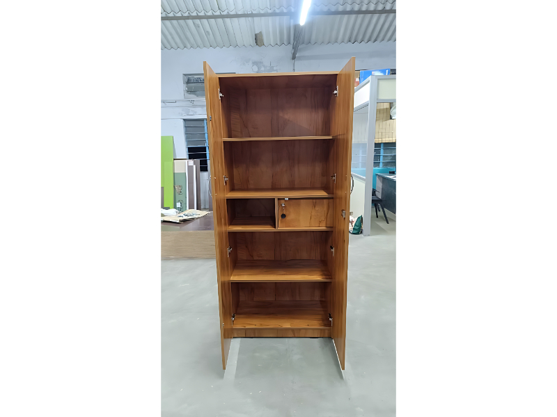 Wooden Storage Cabinet With Multi Shelf Configuration And Lockable Compartment