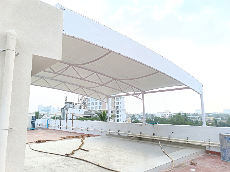 Rooftop Poolside Tensile Membrane Shade System For Outdoor Leisure Areas