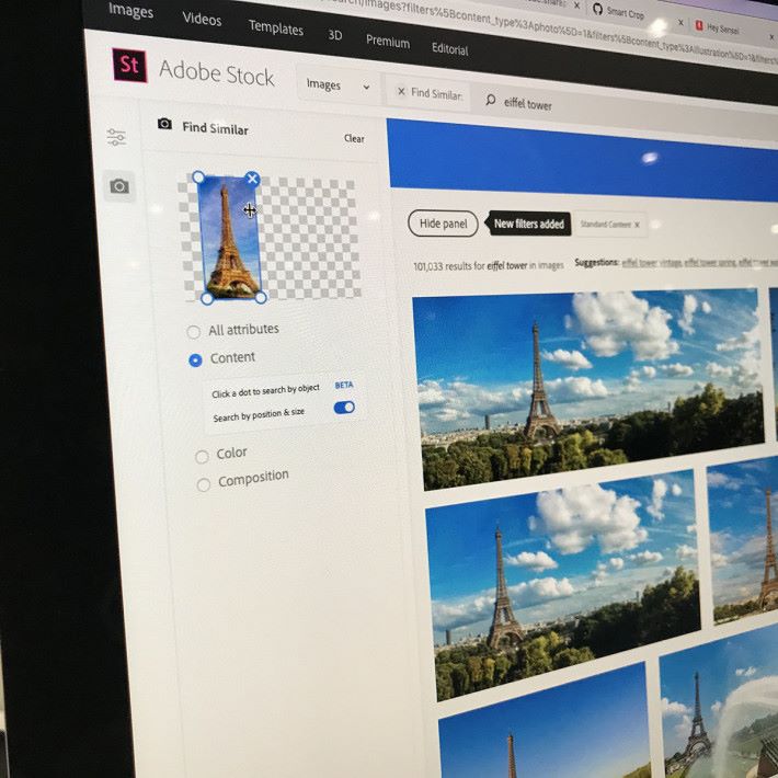 最後放置於圖片中的某一方，這樣 Sansai 就能從 Adobe Stock 中搜索到所有巴黎鐵塔在畫面左方的圖片。