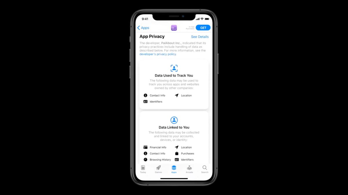 App Store 會在每個程式的頁面加入清晰的私隱標示,顯示該程式有哪些資料可能會被收集和連結到用戶的帳戶,或者用來追踪用戶。用戶可以在下載程式之前先了解該程式有沒有私隱問題。