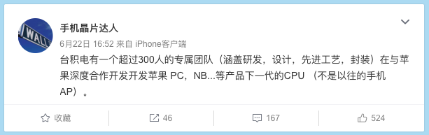 「手機晶片達人」於微博上面表示,台積電擁有一個超過300人的團隊,涵蓋研發、設計、先進工藝及封裝等領域。