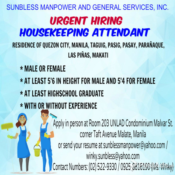 Urgent Hiring Housekeeping Attendant for NCR and South Provincial